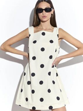 Raisonnel Sleeveless Cotton Square Neck Polka Dot A-Line Mini Dress Cream Small